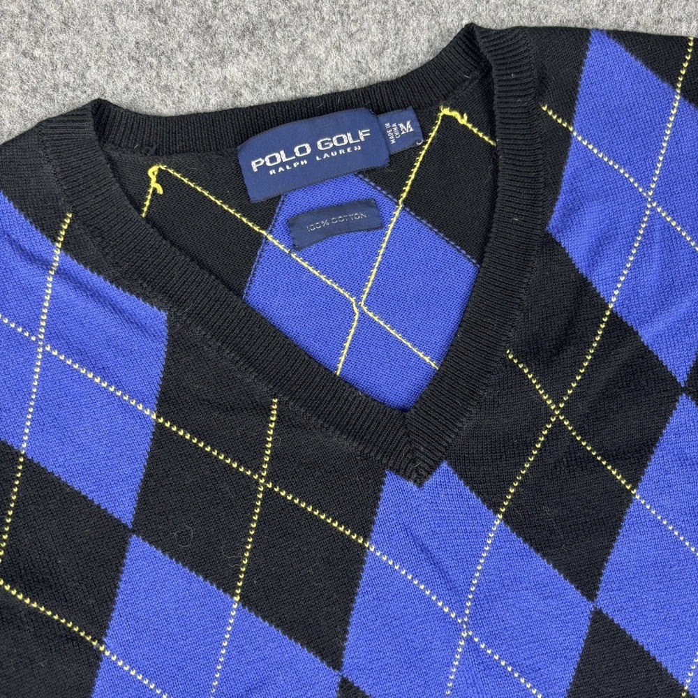 Polo Golf Ralph Lauren Sweater Vest Mens Medium Argyle V Neck Blue Black‎ Preppy